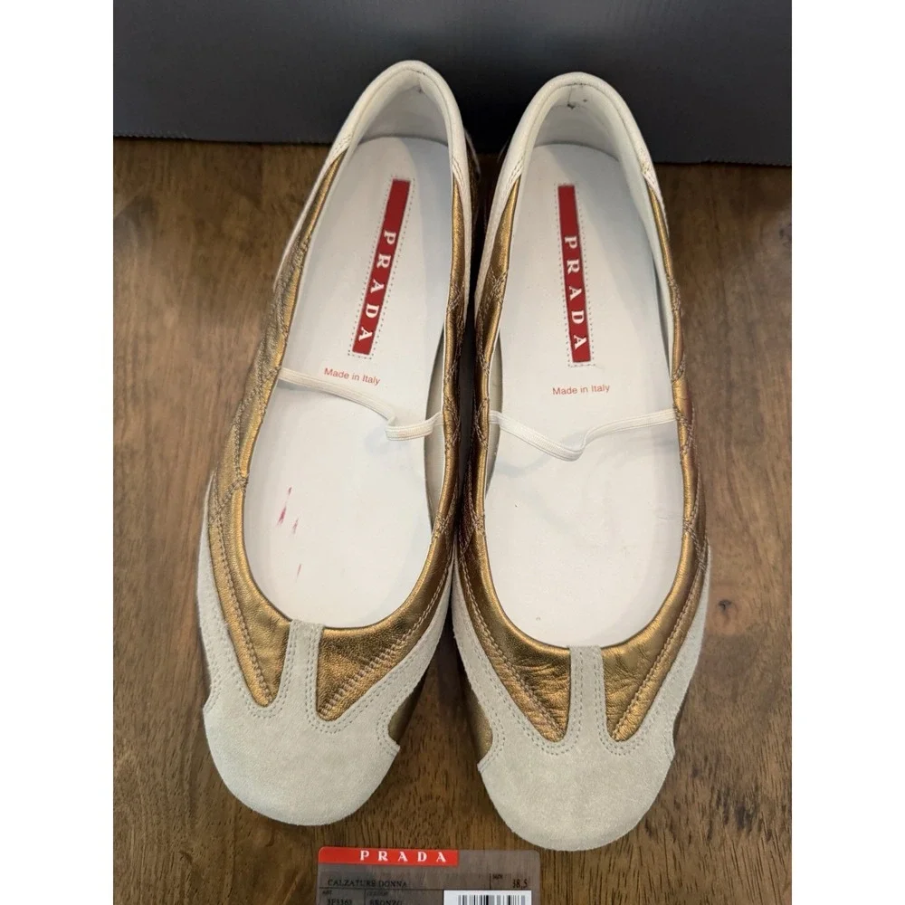 Prada Bronze Metallic Leather Suede Driving Ballet Flats 38.5 US 8.5 NIB From90s